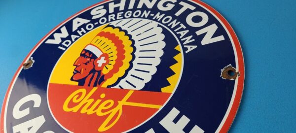 Vintage Washington Gasoline Sign Indian Chief Gas Porcelain Service Pump Sign 305743209144 8