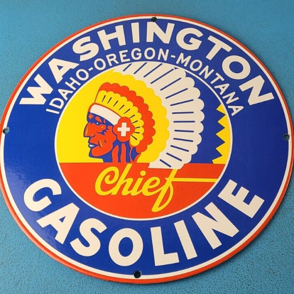 Vintage Washington Gasoline Sign Indian Chief Gas Pump Porcelain Service Sign