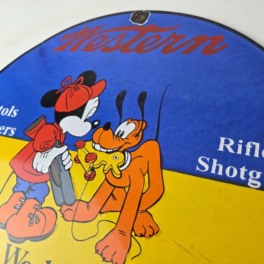 Vintage Western Ammo Firearms Sign - Mickey Gun Shop Porcelain Gas Pump Sign - Image 12