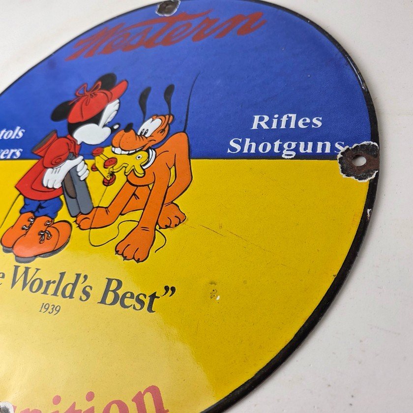 Vintage Western Ammo Firearms Sign - Mickey Gun Shop Porcelain Gas Pump Sign - Image 13