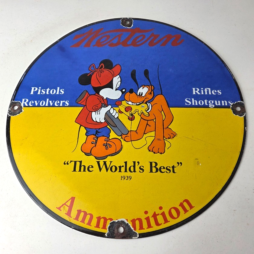 Vintage Western Ammo Firearms Sign - Mickey Gun Shop Porcelain Gas Pump Sign - Image 15