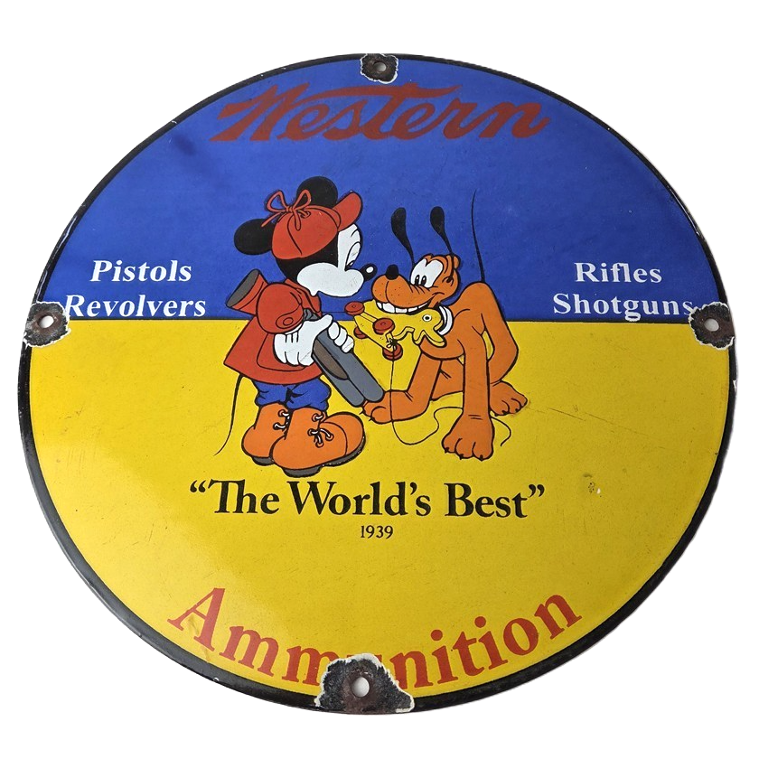 Vintage Western Ammo Firearms Sign - Mickey Gun Shop Porcelain Gas Pump Sign