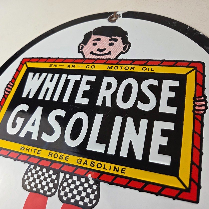 Vintage White Rose Gasoline Sign - En Ar Co Motor Oil Gas Station Pump Sign - Image 12