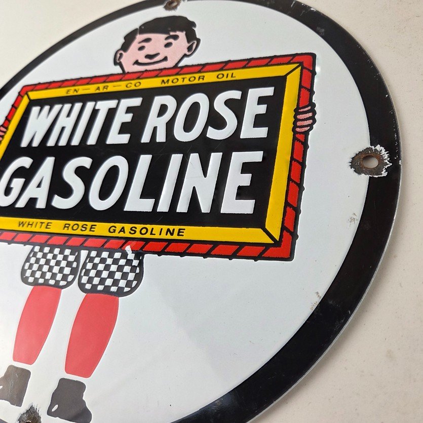 Vintage White Rose Gasoline Sign - En Ar Co Motor Oil Gas Station Pump Sign - Image 13