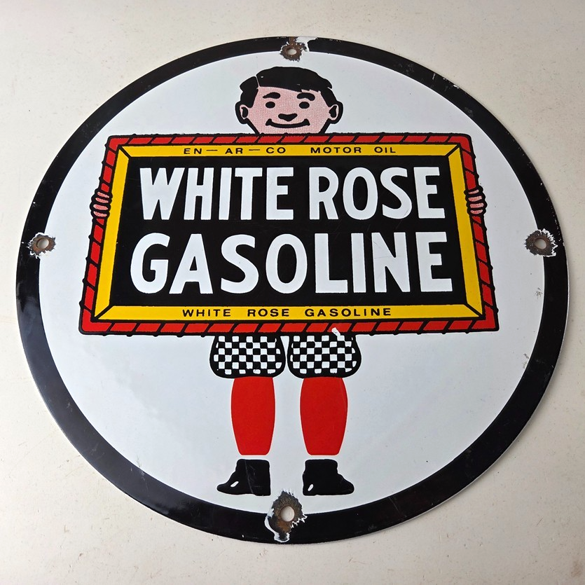 Vintage White Rose Gasoline Sign - En Ar Co Motor Oil Gas Station Pump Sign - Image 15