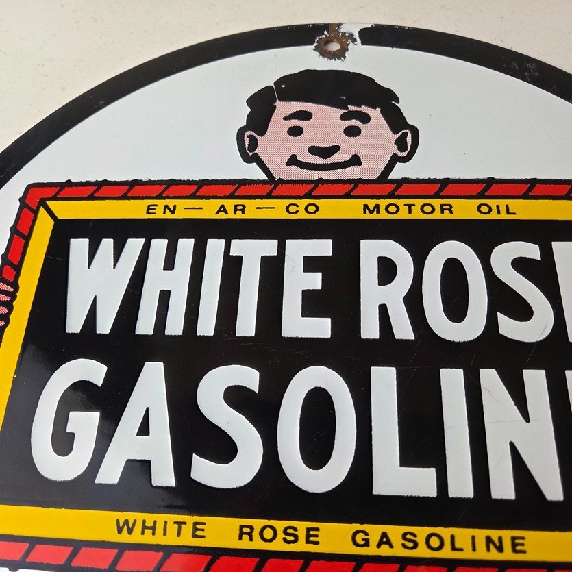 Vintage White Rose Gasoline Sign - En Ar Co Motor Oil Gas Station Pump Sign - Image 3