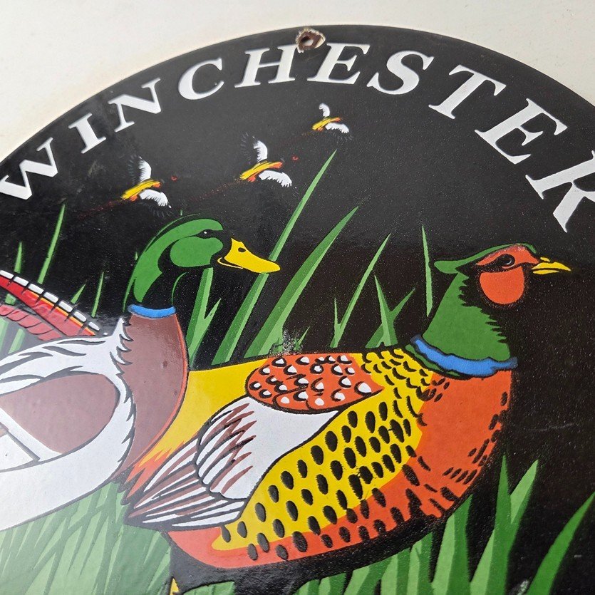 Vintage Winchester Sign - Pheasant Hunting Shot Gun Gas Oil Cabin Porcelain Sign - Image 12