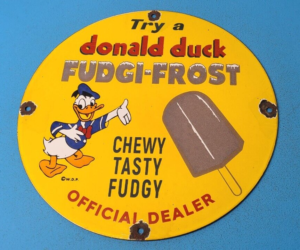 VINTAGE FUDGI FROST PORCELAIN DONALD DUCKFUDGE BAR GAS SERVICE STOP PUMP SIGN 305867687015