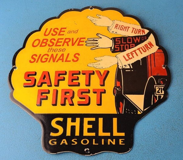 VINTAGE SHELL GASOLINE PORCELAIN SAFETY FIRST GAS SERVICE STATION PUMP SIGN 305753678445