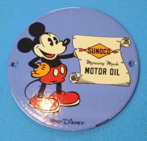 VINTAGE SUNOCO MOTOR OILS PORCELAIN 6 MICKEY MOUSE GAS SERVICE PUMP SIGN 305898960135