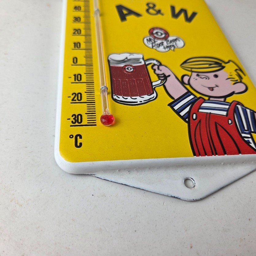 Vintage A&W Root Beer Porcelain Sign - Soda Dennis Gas Pump Ad Thermometer Sign - Image 11