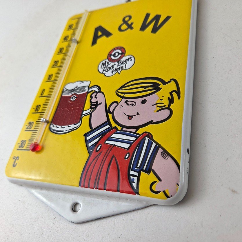 Vintage A&W Root Beer Porcelain Sign - Soda Dennis Gas Pump Ad Thermometer Sign - Image 13