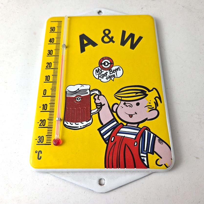 Vintage A&W Root Beer Porcelain Sign - Soda Dennis Gas Pump Ad Thermometer Sign - Image 15