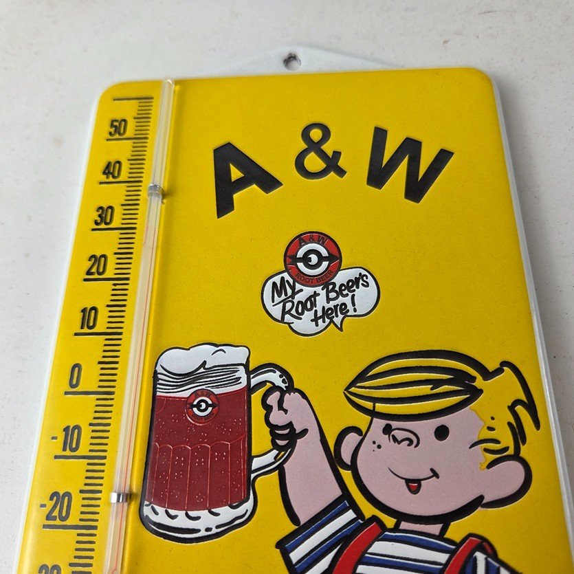 Vintage A&W Root Beer Porcelain Sign - Soda Dennis Gas Pump Ad Thermometer Sign - Image 3