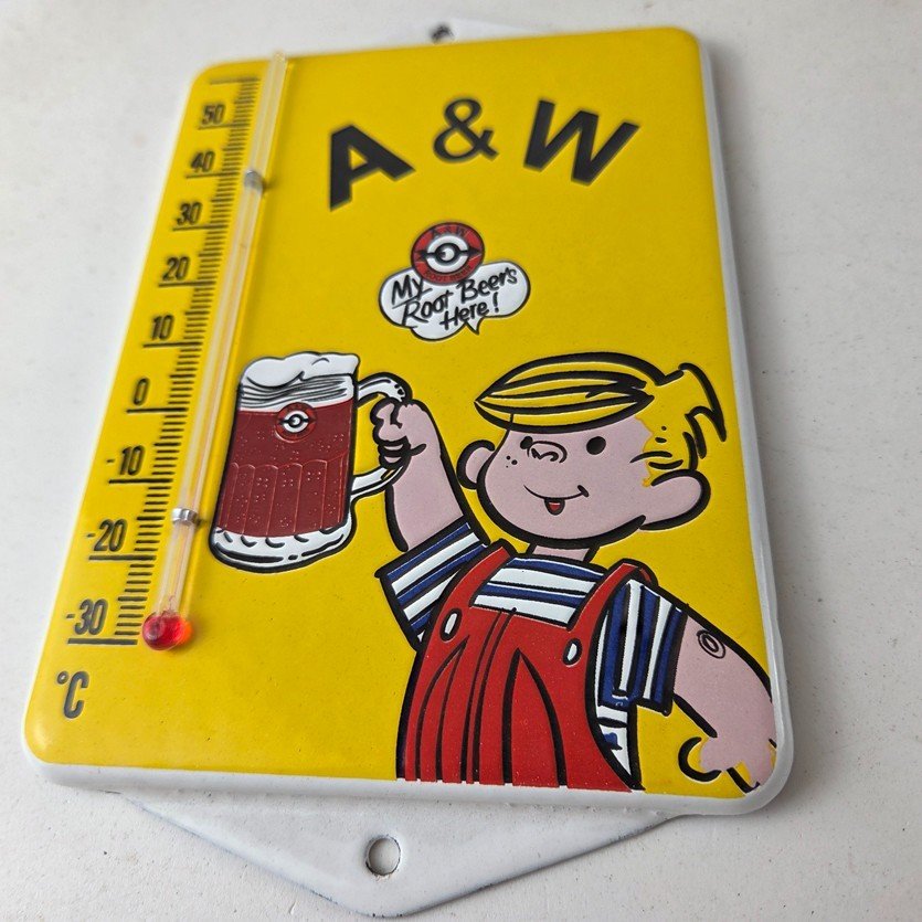 Vintage A&W Root Beer Porcelain Sign - Soda Dennis Gas Pump Ad Thermometer Sign - Image 4