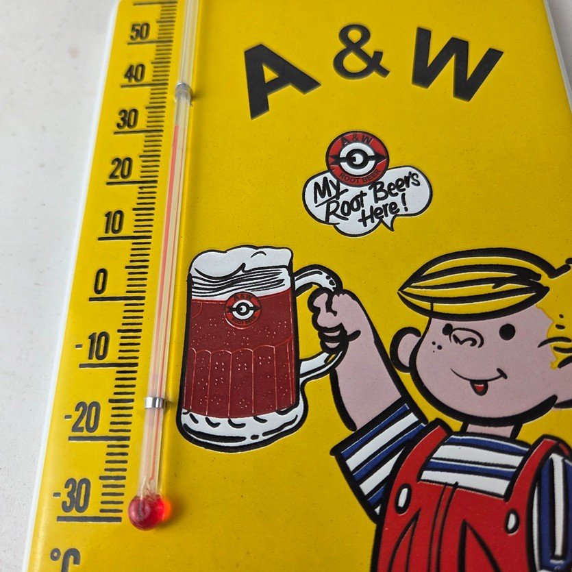 Vintage A&W Root Beer Porcelain Sign - Soda Dennis Gas Pump Ad Thermometer Sign - Image 10