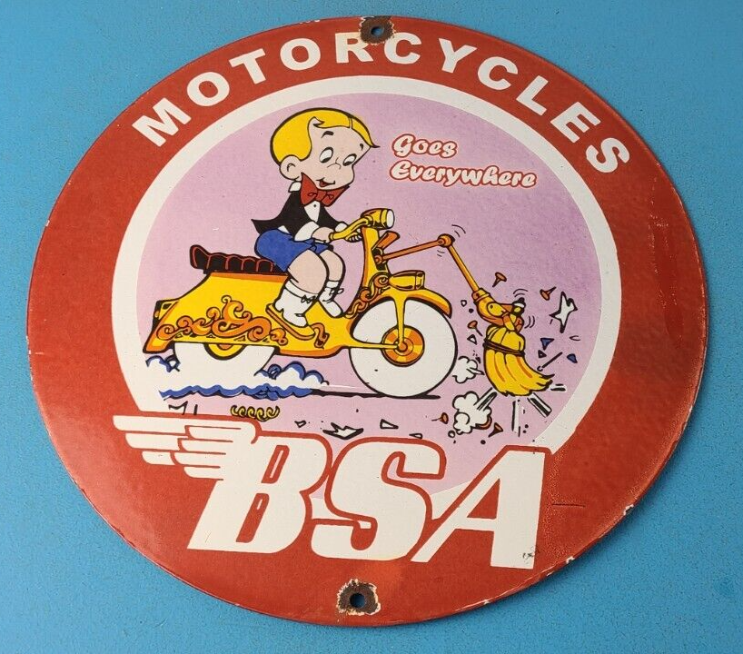 Vintage BSA Motorcycle Sign - Motor Bike Cartoon Gas Pump Service Porcelain Sign