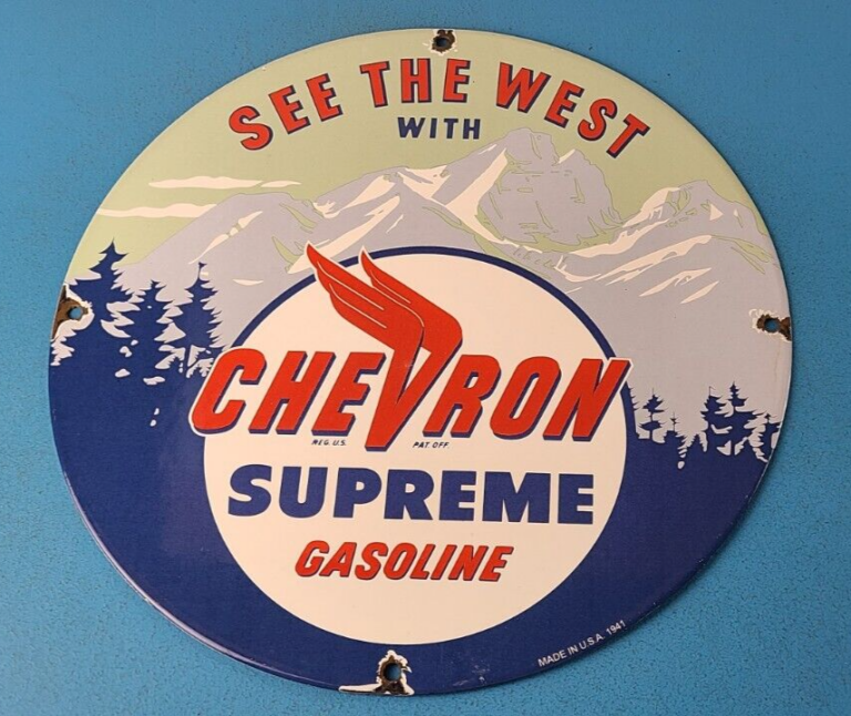 Vintage Chevron Gasoline Sign West Supreme Gas Pump Service Porcelain Sign 306068718415