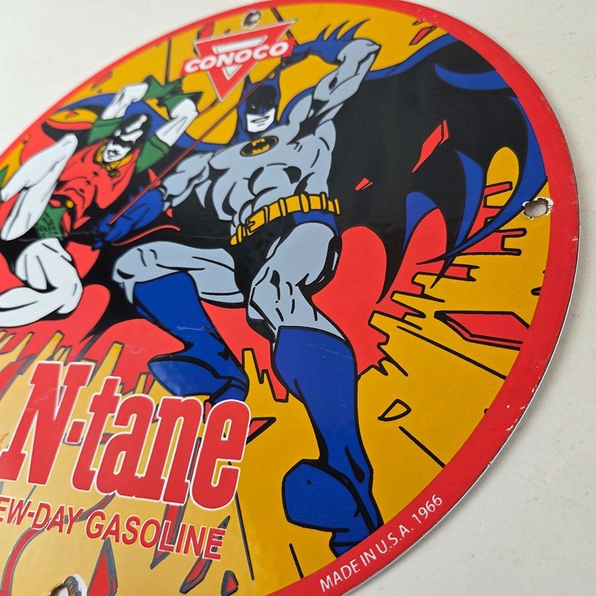 Vintage Conoco Gasoline Porcelain Sign - Batman Robin Comic Gas Pump Sign - Image 13