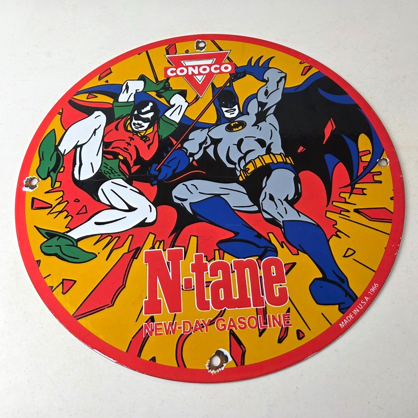 Vintage Conoco Gasoline Porcelain Sign - Batman Robin Comic Gas Pump Sign - Image 15