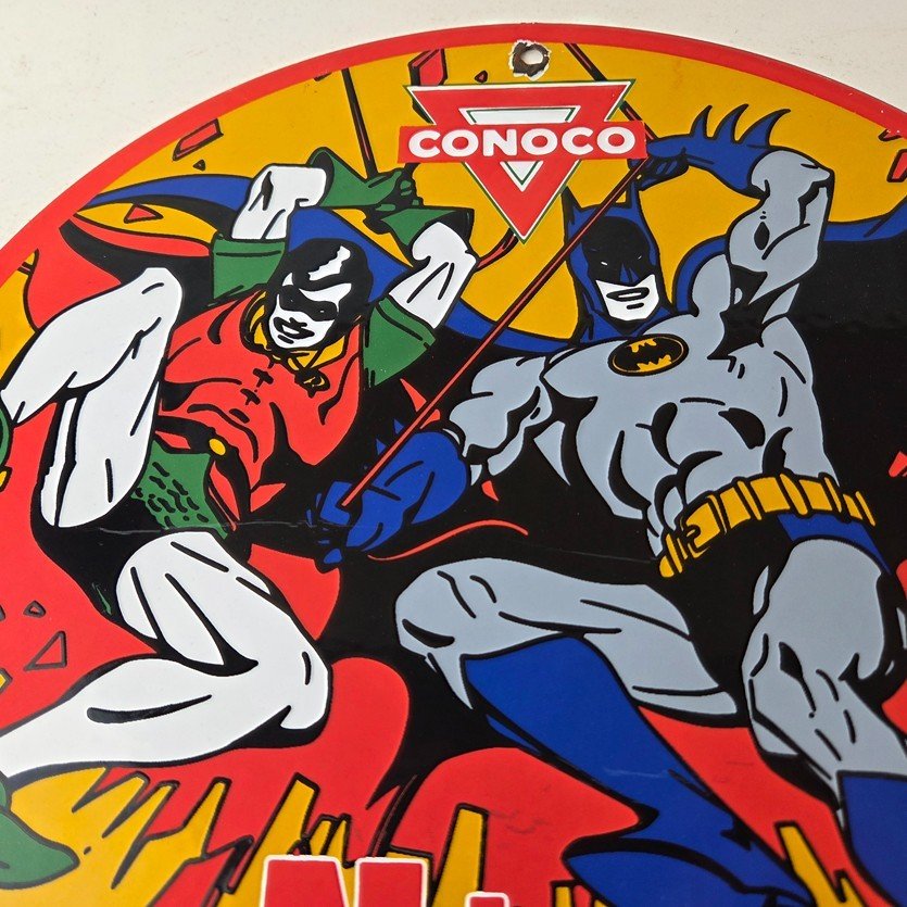 Vintage Conoco Gasoline Porcelain Sign - Batman Robin Comic Gas Pump Sign - Image 3