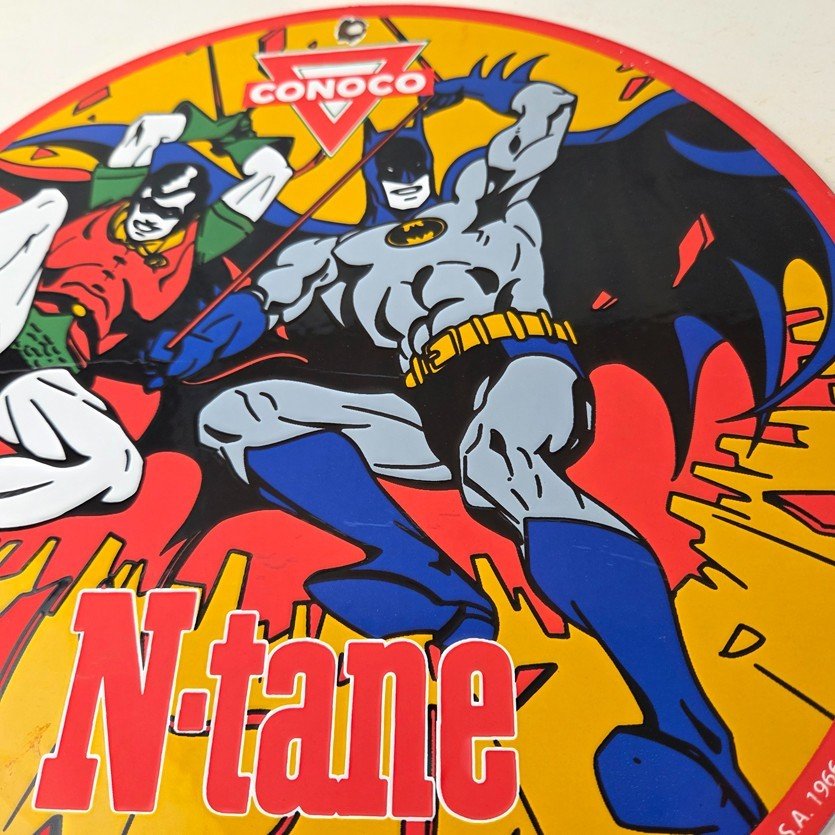 Vintage Conoco Gasoline Porcelain Sign - Batman Robin Comic Gas Pump Sign - Image 4