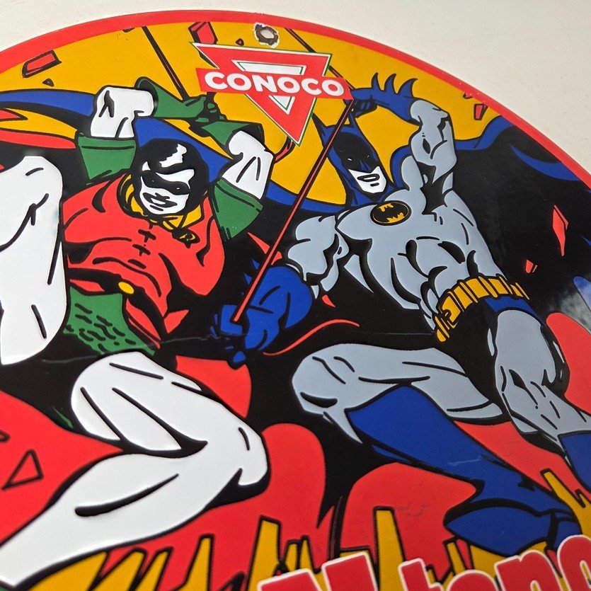 Vintage Conoco Gasoline Porcelain Sign - Batman Robin Comic Gas Pump Sign - Image 5