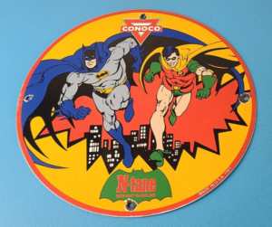 Vintage Conoco Gasoline Porcelain Sign Batman Robin N Tane Comic Gas Pump Sign 305859334845