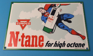 Vintage Conoco Gasoline Sign Superman Comics Porcelain Gas Pump Sign 305861466785