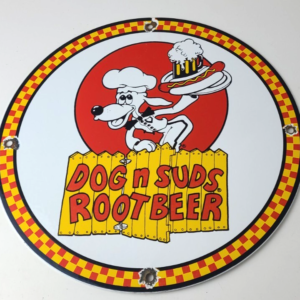 Vintage Dog n Suds Sign - Root Beer & Hot Dogs Advertising Porcelain Sign