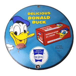 Vintage Donald Duck Ice Cream Sign - Walt Disney Porcelain Gas Service Pump Sign