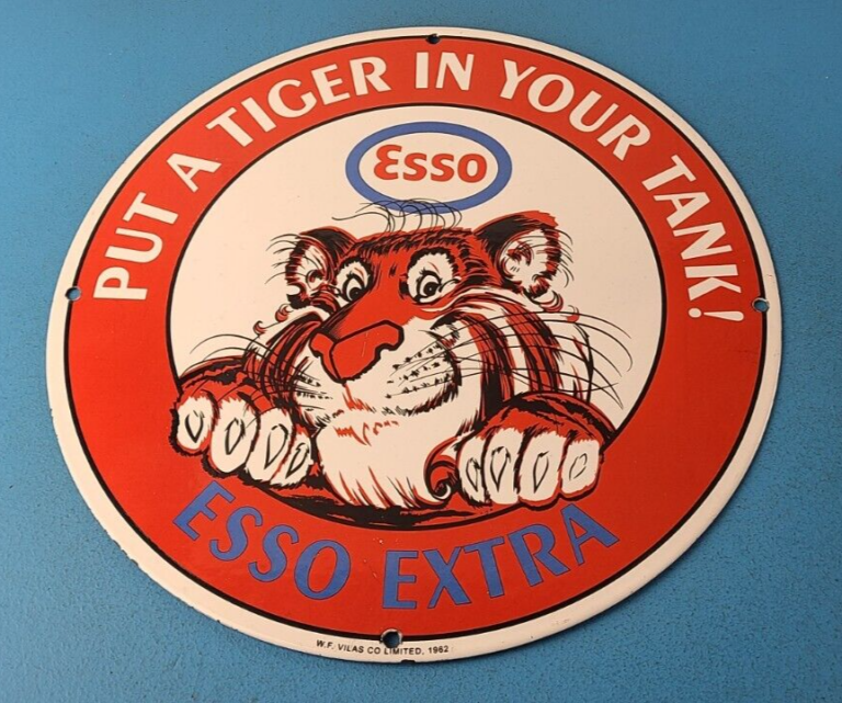 Vintage Esso Gasoline Sign Tiger Gas Service Station Auto Tank Porcelain Sign 306104642485