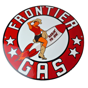 Vintage Frontier Gasoline Sign - Pinup Cowgirl Sign Gas Oil Pump Porcelain Sign