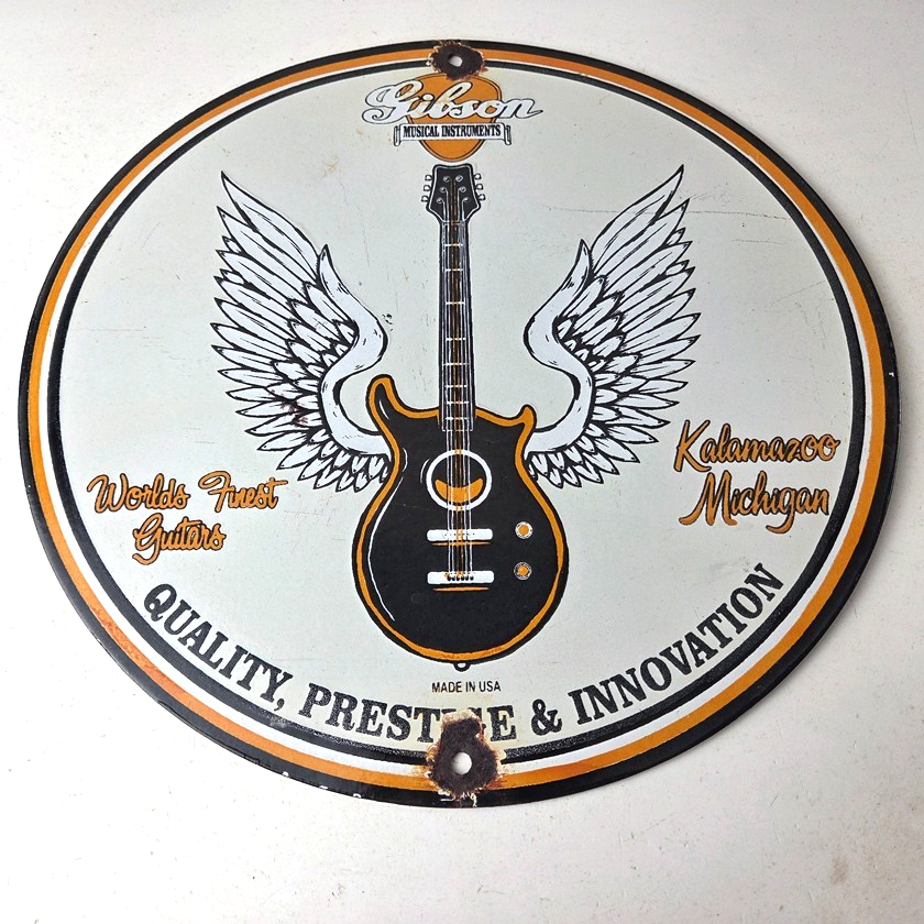 Vintage Gibson Guitars - Acoustic Electric Bass Store Porcelain Gas Station Sign - Image 15