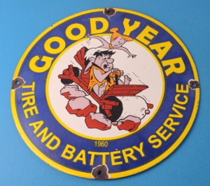 Vintage Goodyear Tires Porcelain Gas Oil Service Flintstones Advertising Sign 305898986135