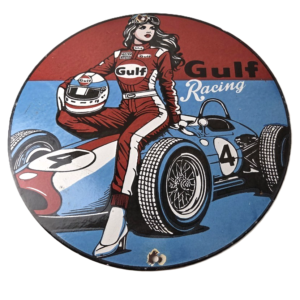 Vintage Gulf Gasoline Sign - Race Car Girl Porcelain Gas Pump Sign