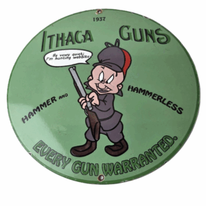 Vintage Gun Sign - Ithaca Firearm Sales Porcelain Gas Oil Pump Advertising Sign