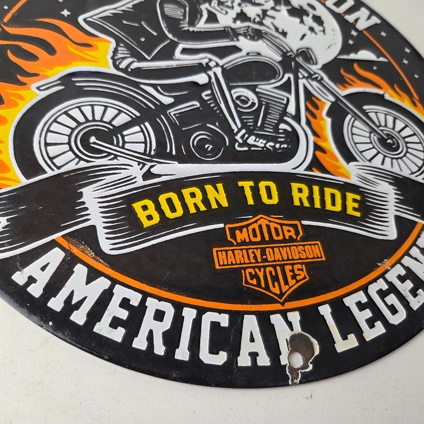 Vintage Harley Davidson Motorcycles Sign - Outlaws Skull Gas Pump Porcelain Sign - Image 11