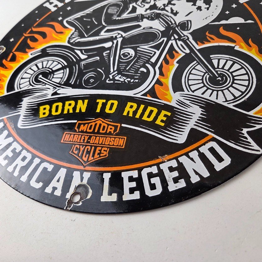 Vintage Harley Davidson Motorcycles Sign - Outlaws Skull Gas Pump Porcelain Sign - Image 14