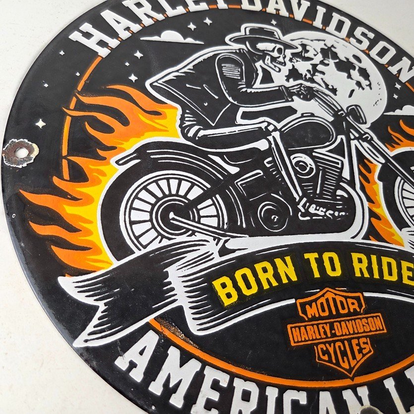 Vintage Harley Davidson Motorcycles Sign - Outlaws Skull Gas Pump Porcelain Sign - Image 6