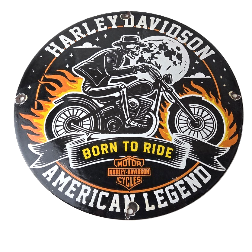 Vintage Harley Davidson Motorcycles Sign - Outlaws Skull Gas Pump Porcelain Sign