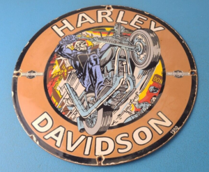 Vintage Harley Davidson Motorcycles Sign Skull Outlaws Gas Pump Porcelain Sign 305872751745