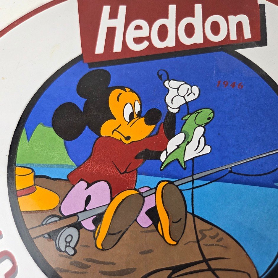 Vintage Heddon Fishing Lures Sign - Mickey Mouse Tackle Gas Pump Porcelain Sign - Image 3