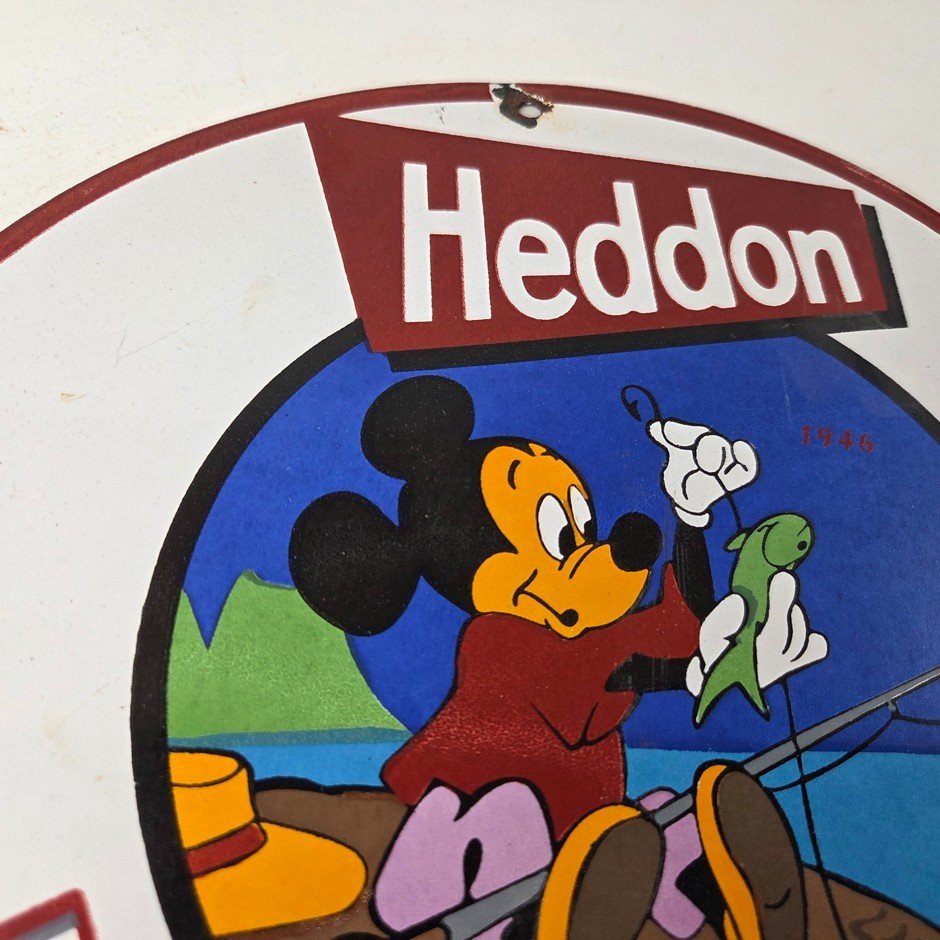 Vintage Heddon Fishing Lures Sign - Mickey Mouse Tackle Gas Pump Porcelain Sign - Image 5