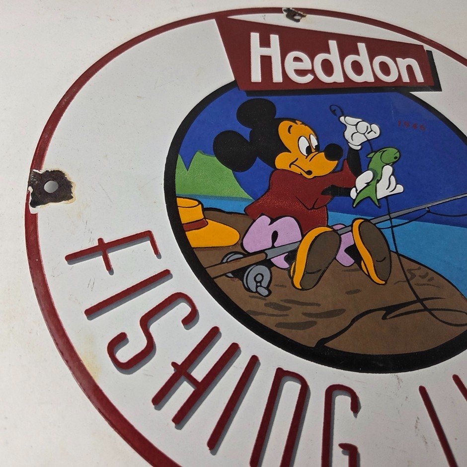 Vintage Heddon Fishing Lures Sign - Mickey Mouse Tackle Gas Pump Porcelain Sign - Image 6