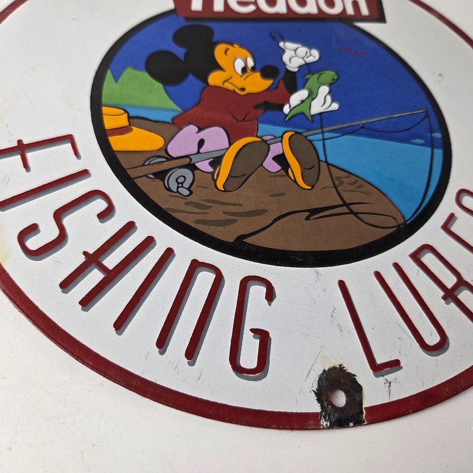 Vintage Heddon Fishing Lures Sign - Mickey Mouse Tackle Gas Pump Porcelain Sign - Image 7