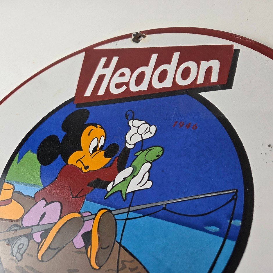 Vintage Heddon Fishing Lures Sign - Mickey Mouse Tackle Gas Pump Porcelain Sign - Image 8