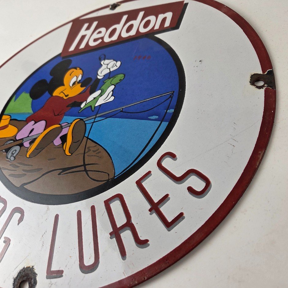 Vintage Heddon Fishing Lures Sign - Mickey Mouse Tackle Gas Pump Porcelain Sign - Image 9