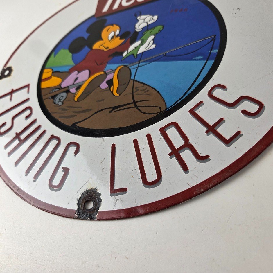 Vintage Heddon Fishing Lures Sign - Mickey Mouse Tackle Gas Pump Porcelain Sign - Image 10