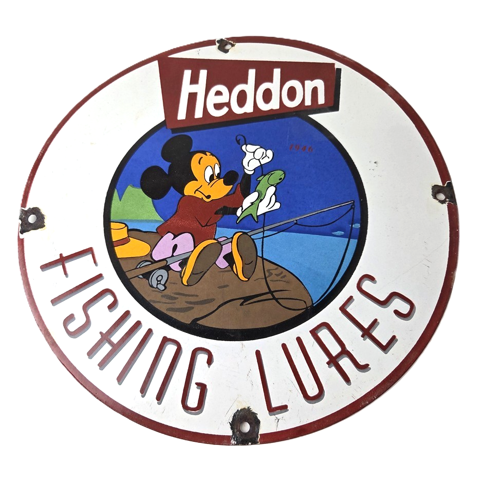 Vintage Heddon Fishing Lures Sign - Mickey Mouse Tackle Gas Pump Porcelain Sign